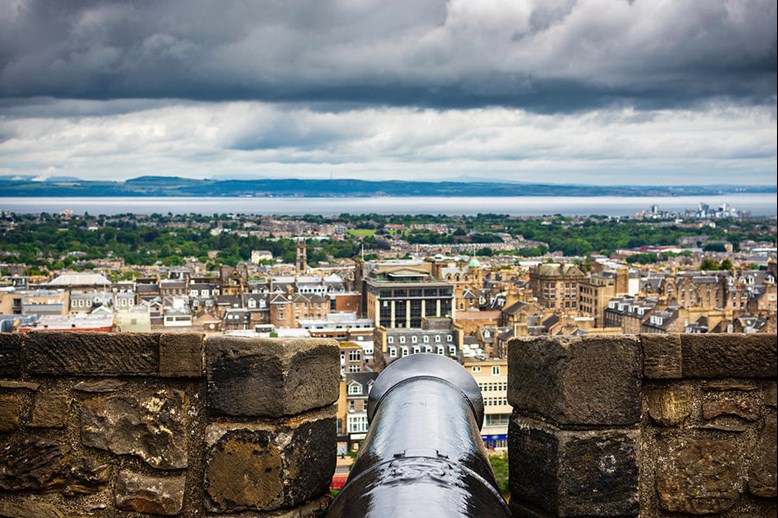 Panoramic views on Edinburgh City Centre, from historic Edinburgh Castle esplanade