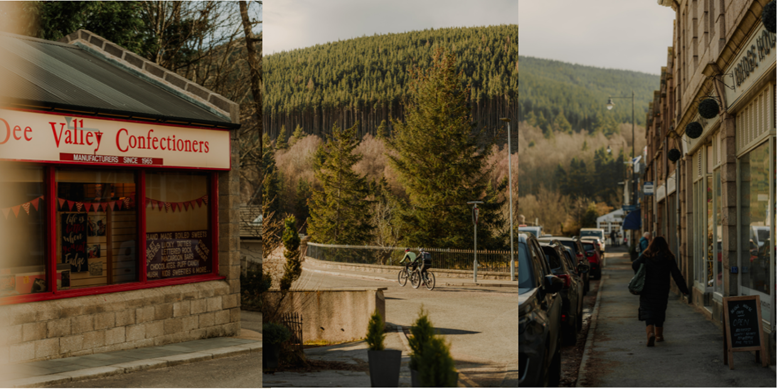 Ballater shops and Cyclist