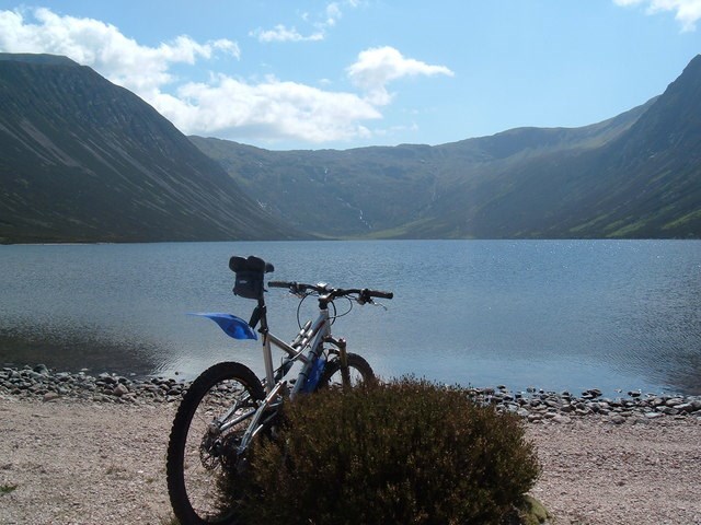 A mountain bike leaning againt a bush with a view of a loch and mountains.