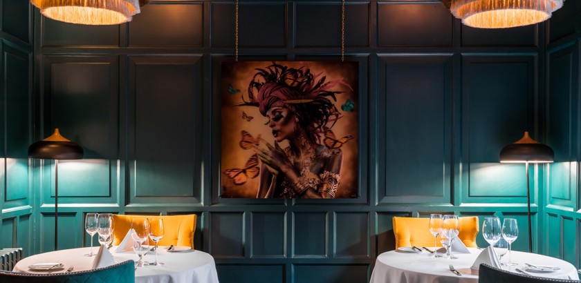Fonab Castle | Modern Painting of Woman on Wooden Wall Panels at Pitlochry Restaurant Perthshire ?? Fonab Castle