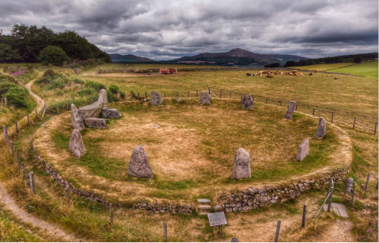 Aerial view of East Aquhorthies Stone Circle in Aberdeenshire