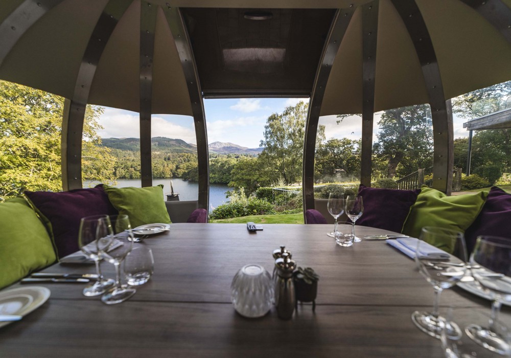 Beautiful nature views from table in dining pod at 5 star Pitlochry spa hotel ?? ''