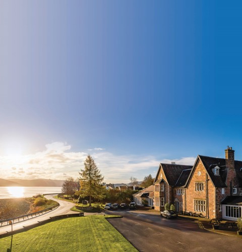 Panoramic view of Loch Fyne Hotel & Spa by the water in Inveraray, Argyll, Scotland, a luxury inveraray hotel and spa near Loch Lomond. ?? ''
